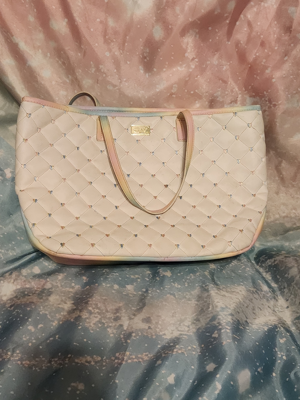 Betsey Johnson Quilted Pastel Tote Bag with Rainbow Trim